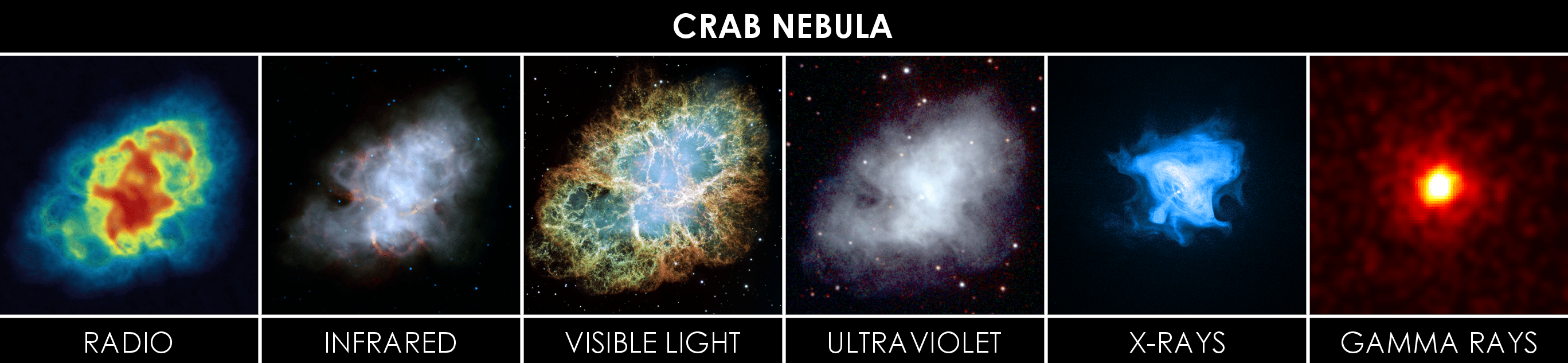 Crab Nebula observed with different wavelengths