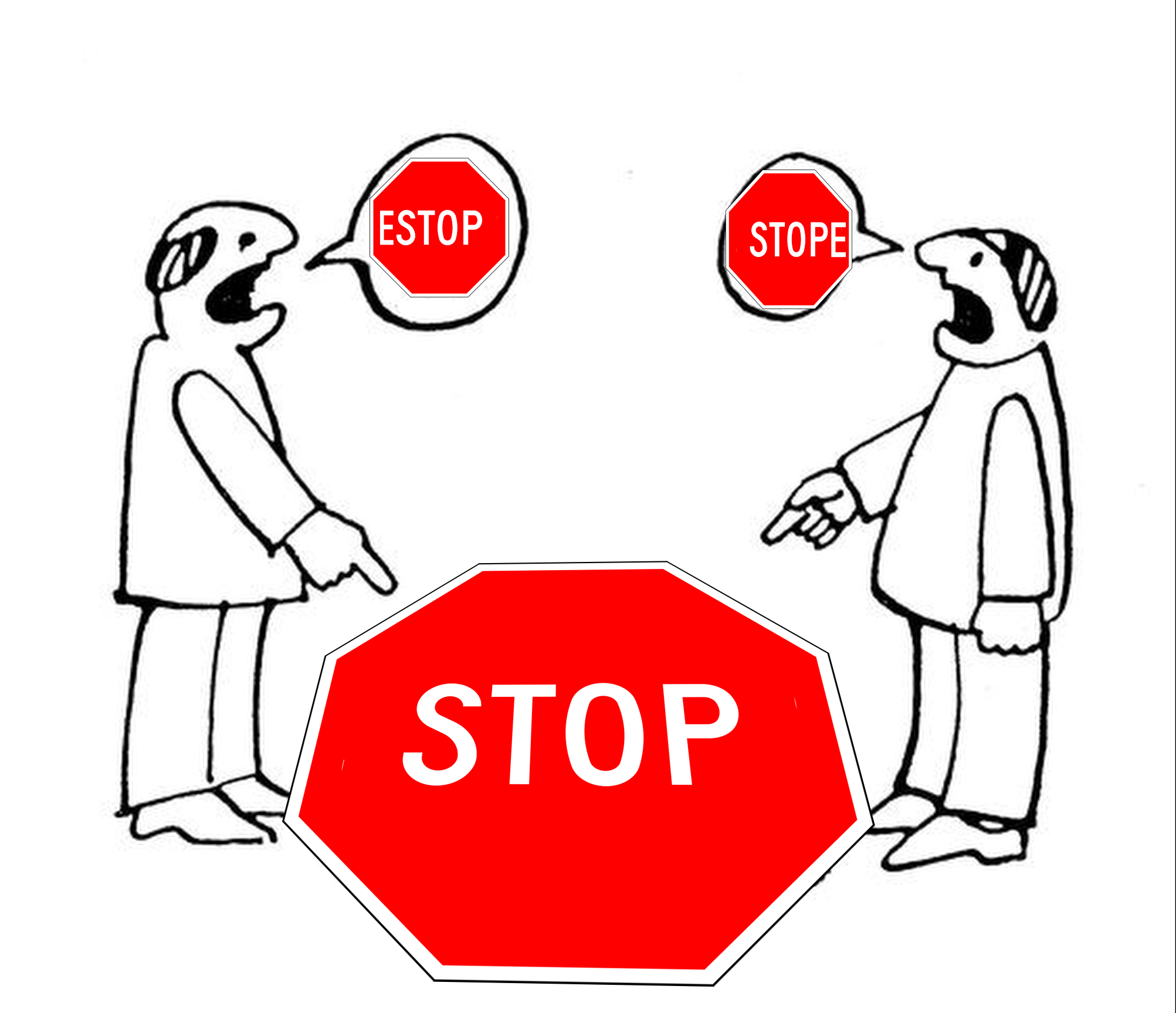 Two people point at a stop sign, one says "estop" and the other says "stope".