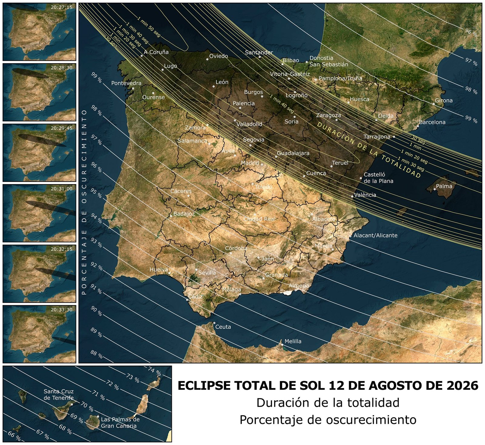 Map of Spain showing the band of totality of the 12 August 2026 eclipse, the duration of totality and the percentage of obscuration