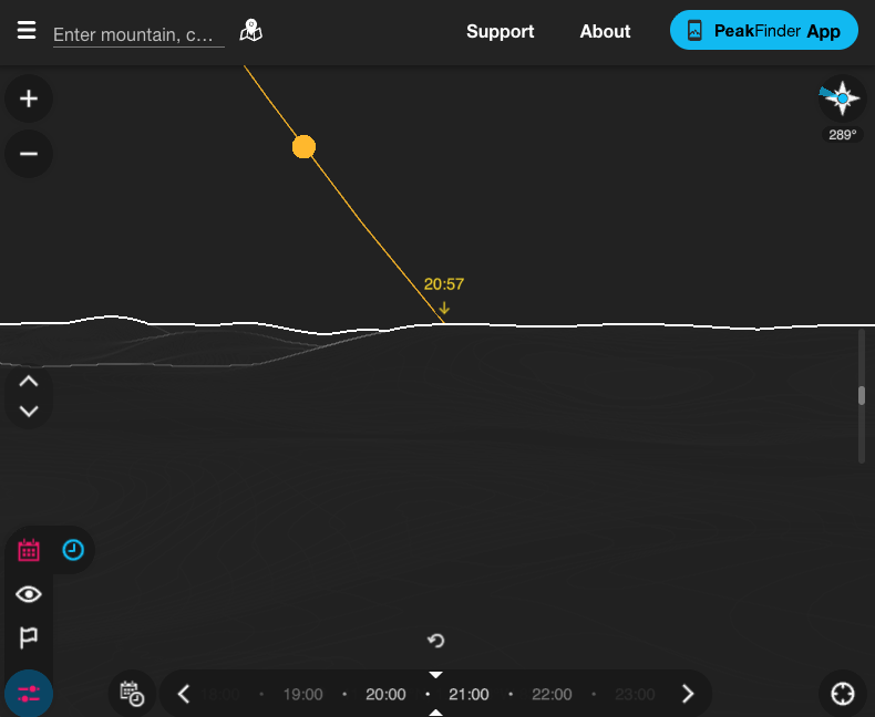 Screenshot of peakfinder.com: the yellow line of the Sun's trajectory descends towards the outline of the mountains to the west, with the compass pointing at 289° and sunset at 20:57